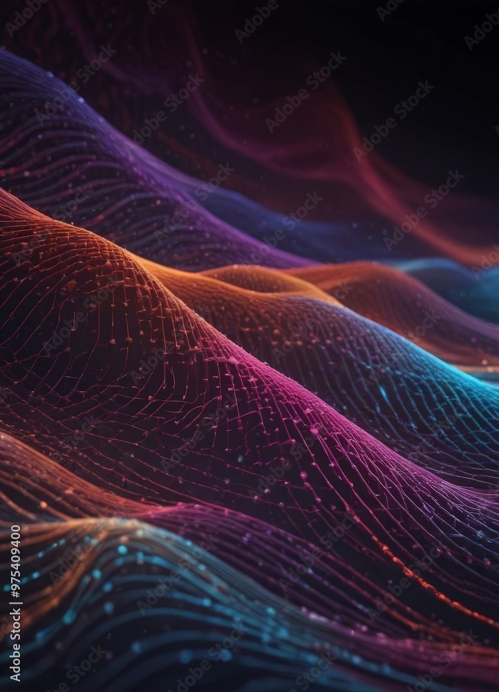 The image is a digital art piece featuring a wave-like pattern with a gradient of colors, including shades of purple, orange, and blue, creating a visually striking and The image is a digital art piece featuring a wave-like pattern with a gradient of colors, including shades of purple, orange, and blue, creating a visually striking and