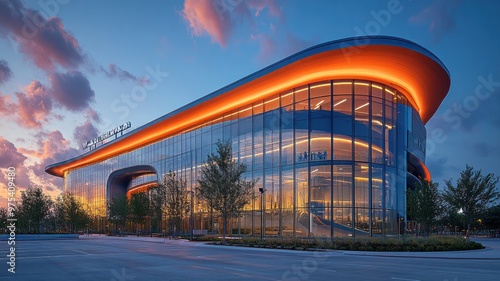 Modern glass building illuminated at dusk with a sleek design.