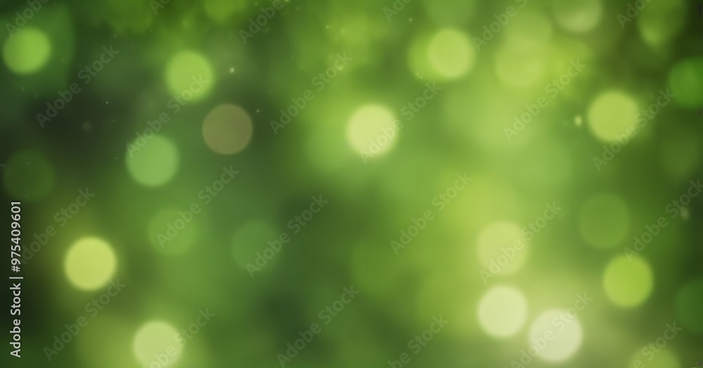 Fototapeta premium a blurred, green background with numerous small, circular lights scattered throughout, creating a bokeh effect.