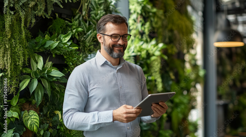 CEO in an innovative green office, holding a tablet, with indoor vertical gardens and energy-efficient lighting CEO in an innovative green office, holding a tablet, with indoor vertical gardens and energy-efficient lighting
