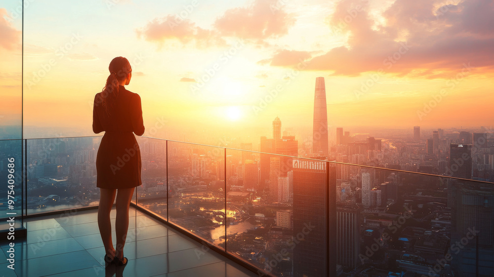 Businesswoman standing on an outdoor terrace overlooking a busy city, with glass railings and open sky Businesswoman standing on an outdoor terrace overlooking a busy city, with glass railings and open sky