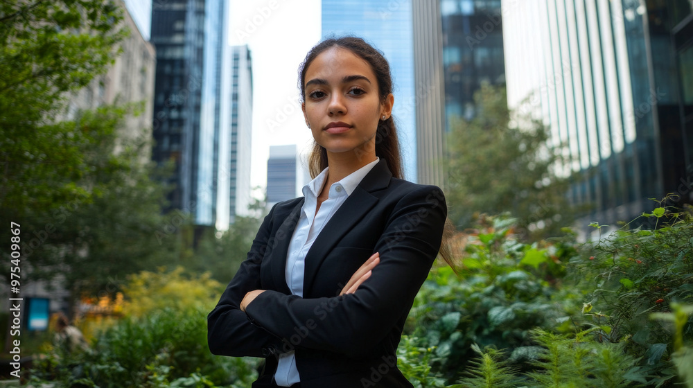Businesswoman in formal attire posing in a garden with tall trees and urban skyscrapers behind Businesswoman in formal attire posing in a garden with tall trees and urban skyscrapers behind