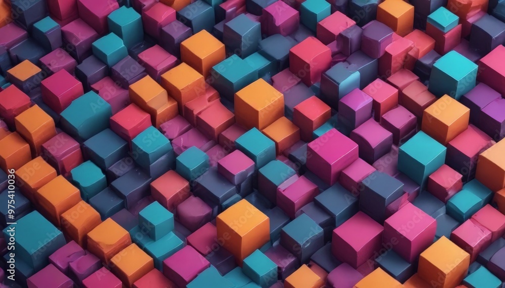 A vibrant array of cubes in various shades of pink, blue, orange, and purple fills the image, creating a visually striking and dynamic pattern. A vibrant array of cubes in various shades of pink, blue, orange, and purple fills the image, creating a visually striking and dynamic pattern.