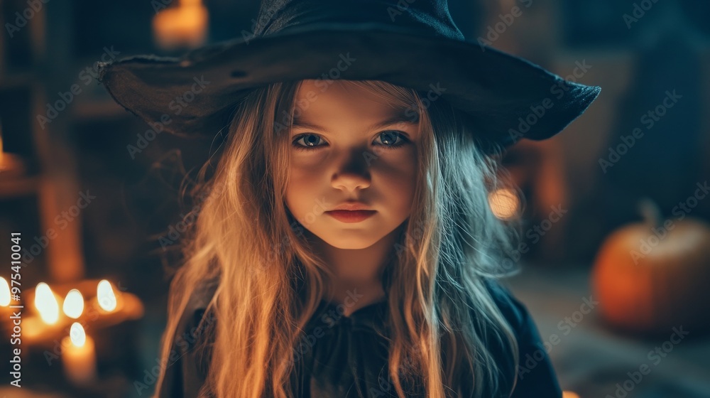 Young girl dressed as a witch in a dark, candlelit room, with a serious expression, creating a mysterious and spooky Halloween atmosphere. Young girl dressed as a witch in a dark, candlelit room, with a serious expression, creating a mysterious and spooky Halloween atmosphere.