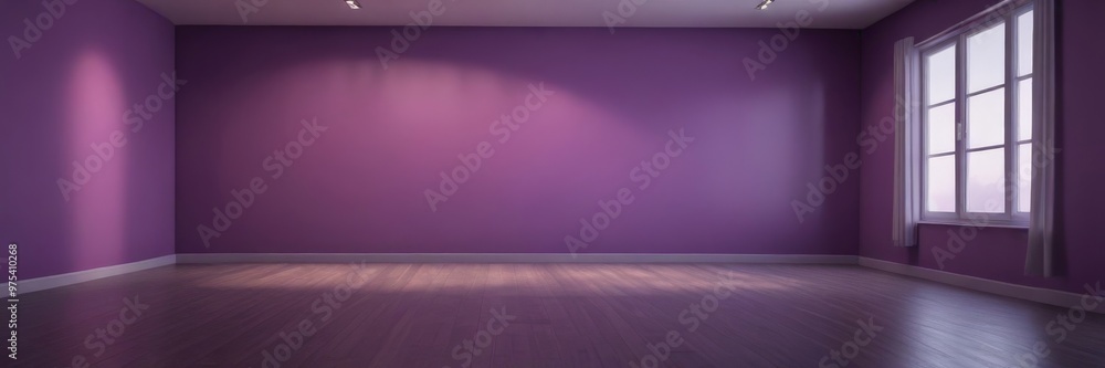 An empty room with purple walls, a wooden floor, and a window with white curtains. An empty room with purple walls, a wooden floor, and a window with white curtains.