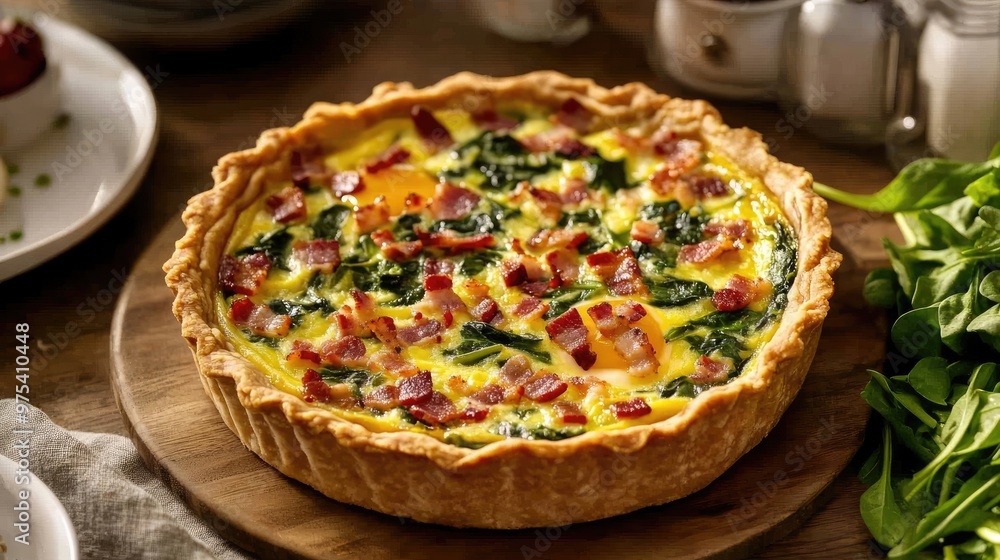 Breakfast quiche with eggs, bacon, and spinach, served with a side of mixed greens, rustic tart crust with golden edges, cozy and homey kitchen settin Breakfast quiche with eggs, bacon, and spinach, served with a side of mixed greens, rustic tart crust with golden edges, cozy and homey kitchen settin