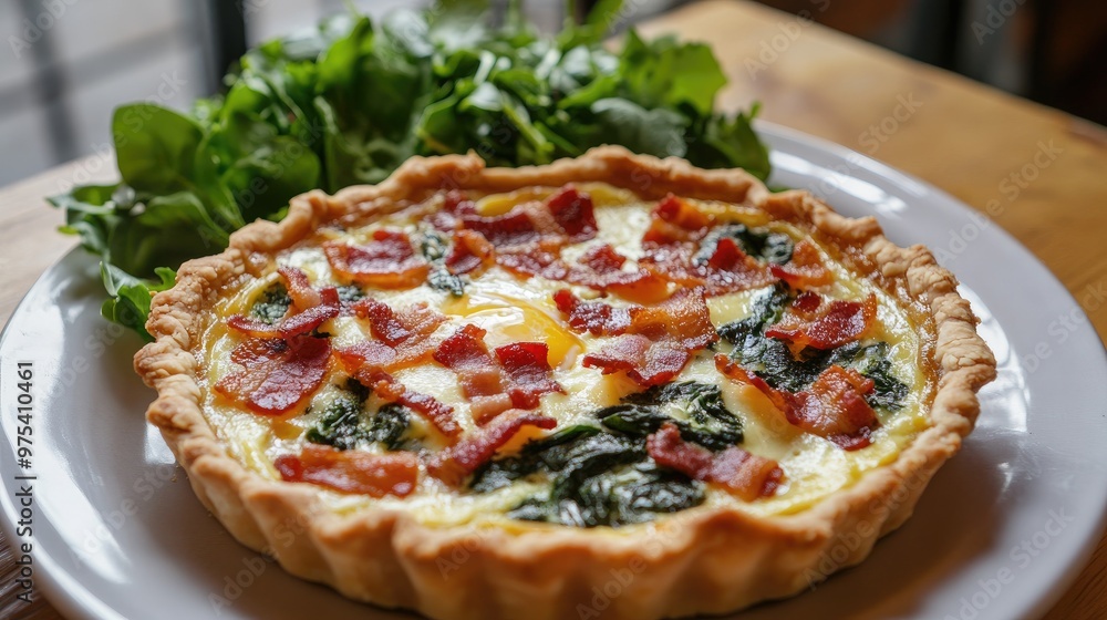 Breakfast quiche with eggs, bacon, and spinach, served with a side of mixed greens, rustic tart crust with golden edges, cozy and homey kitchen settin Breakfast quiche with eggs, bacon, and spinach, served with a side of mixed greens, rustic tart crust with golden edges, cozy and homey kitchen settin