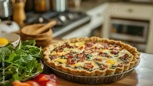 Breakfast quiche with eggs, bacon, and spinach, served with a side of mixed greens, rustic tart crust with golden edges, cozy and homey kitchen settin