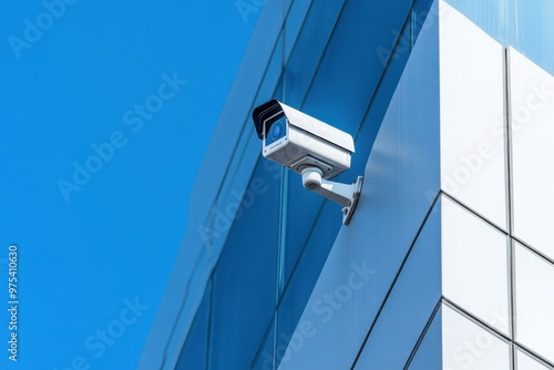 A close-up of a modern CCTV camera installed on the corner of a building, with a clean, high-tech urban environment and clear blue sky in the background