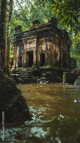 Ancient temple ruins by jungle river, surrounded by lush greenery and water, evoke sense of mystery and history. structure is partially submerged, adding to its allure