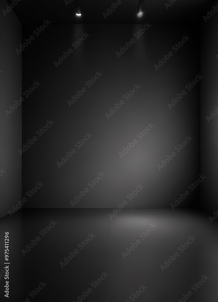 A dark, empty room with a simple, minimalist design, featuring two spotlights on the ceiling and a smooth, reflective floor. A dark, empty room with a simple, minimalist design, featuring two spotlights on the ceiling and a smooth, reflective floor.