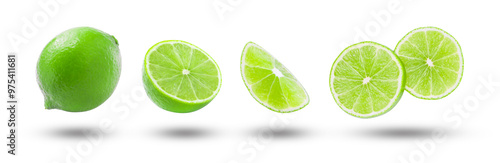 Lime with slices flying collection isolated on white background , clipping path.