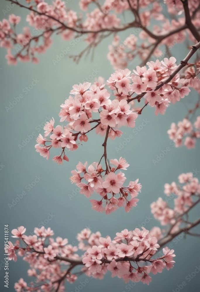 Delicate pink cherry blossoms in full bloom, their petals unfurling against a soft blue-green backdrop, creating a serene and ethereal atmosphere. Delicate pink cherry blossoms in full bloom, their petals unfurling against a soft blue-green backdrop, creating a serene and ethereal atmosphere.