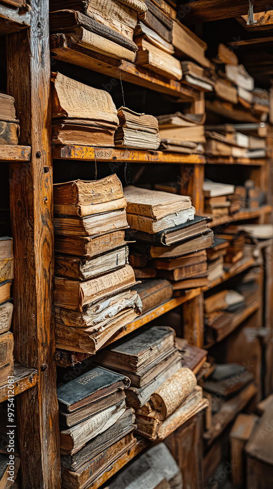 Obraz premium Ancient library with Stoic writings and scrolls piled high on wooden shelves, creating sense of history and knowledge. atmosphere is rich with wisdom of past