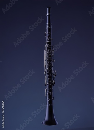 A black clarinet stands upright against a deep blue background, its keys and mouthpiece clearly visible.