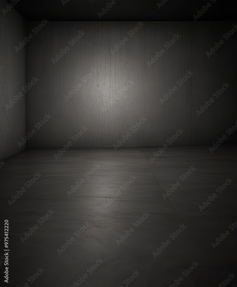 A dark, empty room with a concrete floor and walls, illuminated by a single light source in the center. A dark, empty room with a concrete floor and walls, illuminated by a single light source in the center.