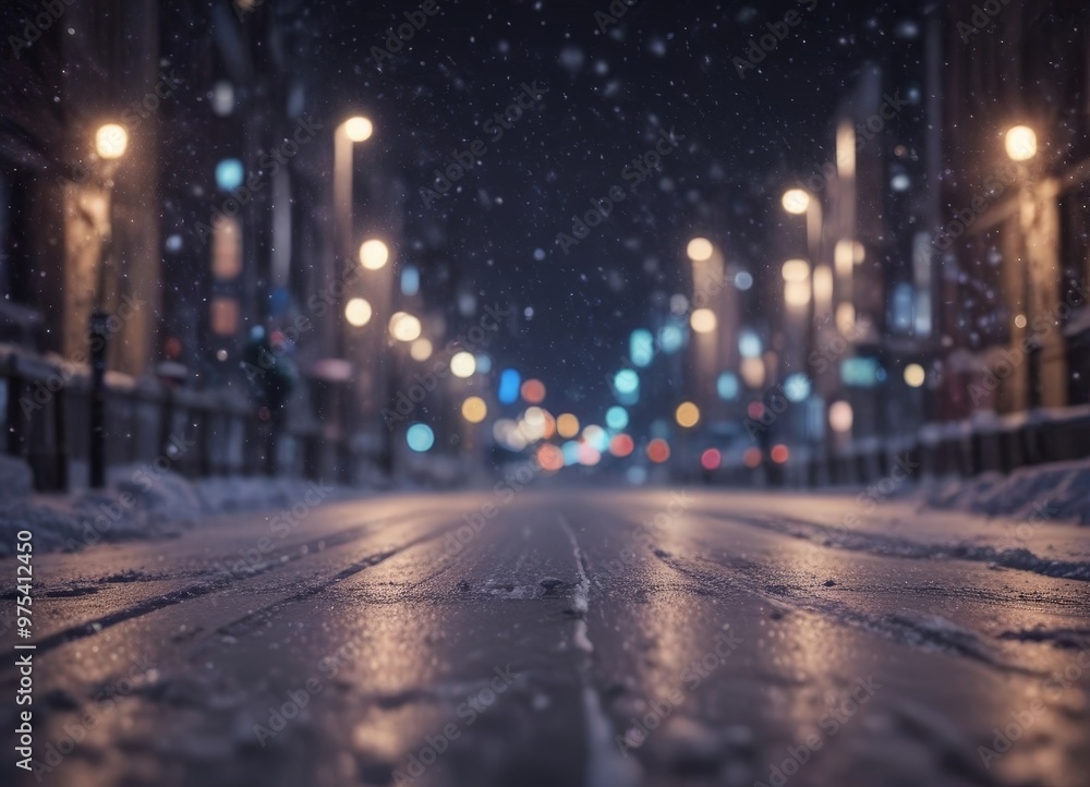 A snowy city street at night, with the glow of streetlights illuminating the wet pavement and snowflakes falling from the dark sky. A snowy city street at night, with the glow of streetlights illuminating the wet pavement and snowflakes falling from the dark sky.