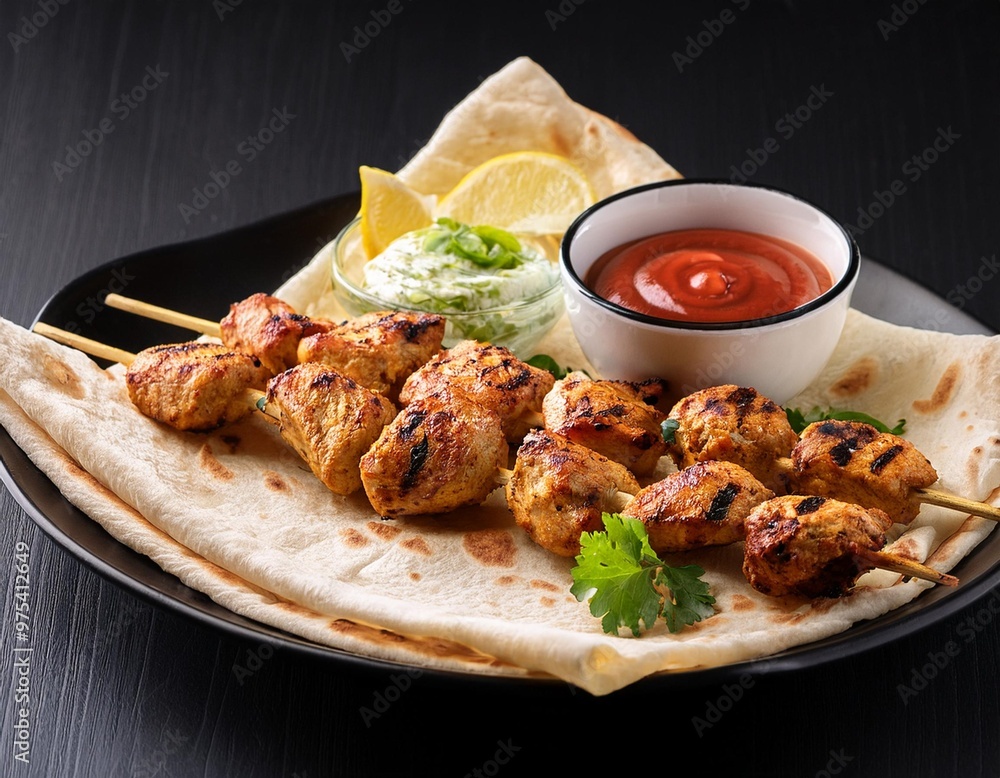 The image could be used for restaurant menus, food blogs, or recipe cards focused on grilled meats or Mediterranean cuisine The image could be used for restaurant menus, food blogs, or recipe cards focused on grilled meats or Mediterranean cuisine