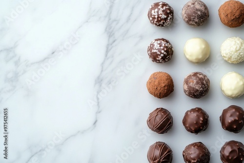 A top-down view of assorted chocolate truffles arranged neatly on a marble surface, with plenty of white space around for a clean, minimalistic look and copy placement