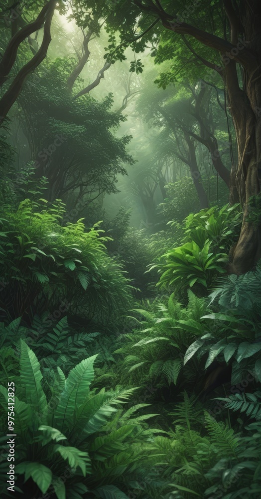 Obraz premium A dense, verdant forest with towering trees and lush foliage, creating a sense of mystery and tranquility.