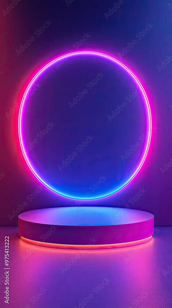 Bright neon colors surround modern podium, creating vibrant and dynamic atmosphere. circular neon light adds futuristic touch, perfect for showcasing products or art Bright neon colors surround modern podium, creating vibrant and dynamic atmosphere. circular neon light adds futuristic touch, perfect for showcasing products or art