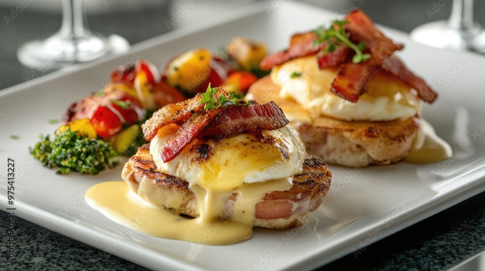 Gourmet eggs benedict with rich hollandaise sauce, bacon, and a side of roasted vegetables, served on a white porcelain plate, minimalist fine dining setting Gourmet eggs benedict with rich hollandaise sauce, bacon, and a side of roasted vegetables, served on a white porcelain plate, minimalist fine dining setting
