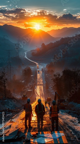 Landscape view of a highway under construction, with workers in uniform, wearing safety helmets, and papers on a table against road equipment and a blue sky with sun rays. High-resolution photography.