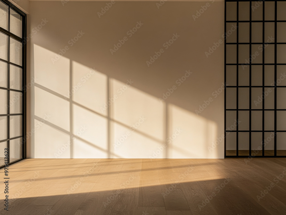 Minimalist living room airy corner in golden tones with a window casting natural lighting and a large shadow in the room. Residential interiors with minimal furniture or decor. Minimalist living room airy corner in golden tones with a window casting natural lighting and a large shadow in the room. Residential interiors with minimal furniture or decor.