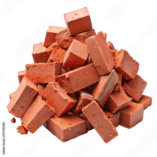 A pile of red broken bricks isolated on transparent background