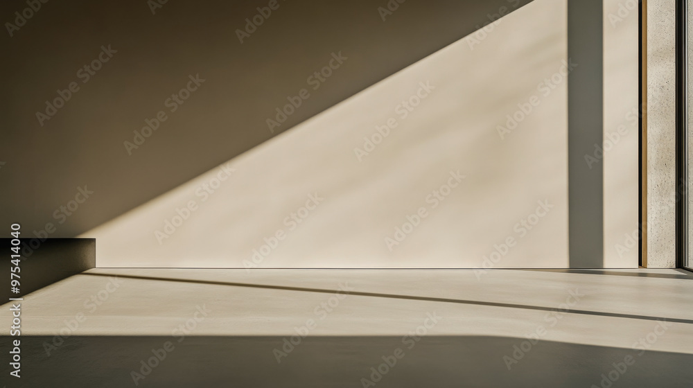 Obraz premium Minimalist living room airy corner in golden tones with a window casting natural lighting and a large shadow in the room. Residential interiors with minimal furniture or decor.