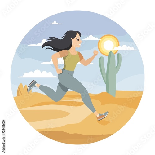 Young fit woman is running in a sand desert. Sun, cloudy sky, cactus Saguaro, rocks