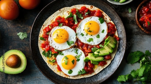 Mexican-style breakfast with huevos rancheros, fried eggs on tortillas, topped with salsa, avocado, and cilantro, bold colors, and vibrant ingredients photo