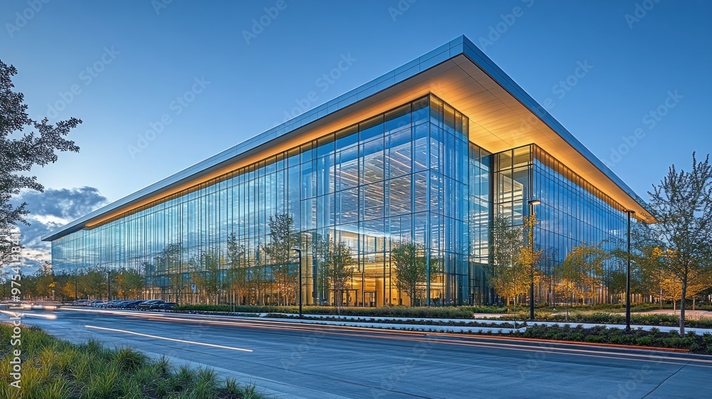 Obraz premium Modern glass building showcasing contemporary architectural design.