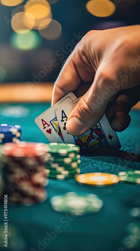 A close up of hand holding winning poker hand, showcasing two aces, surrounded by colorful poker chips. atmosphere is tense and exciting, perfect for thrilling game photo