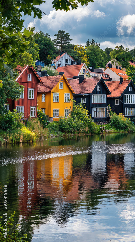 Colorful Swedish houses along calm river in summer create picturesque scene. vibrant colors reflect beautifully on water, enhancing serene atmosphere Colorful Swedish houses along calm river in summer create picturesque scene. vibrant colors reflect beautifully on water, enhancing serene atmosphere