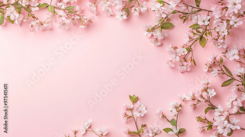 Delicate Pink Cherry Blossoms on Pastel Background. A beautiful arrangement of cherry blossoms displayed on a soft pink pastel background, evoking feelings of tranquility and springtime freshness.