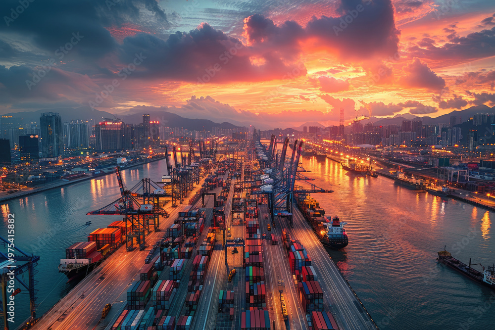 Large ports and container freight ships Large ports and container freight ships