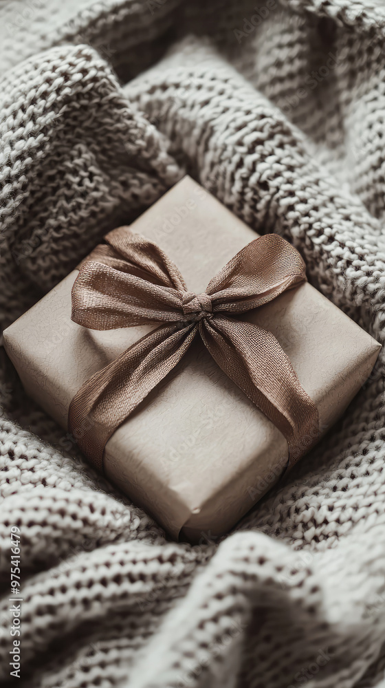 Delicately wrapped present with ribbon placed on soft knitted blanket, evoking sense of warmth and anticipation. Perfect for gift giving occasions Delicately wrapped present with ribbon placed on soft knitted blanket, evoking sense of warmth and anticipation. Perfect for gift giving occasions