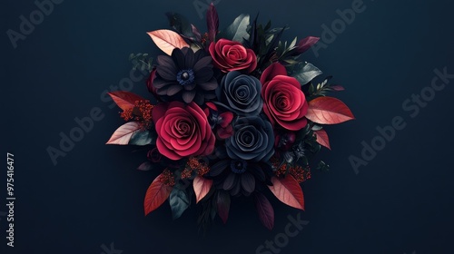 Halloween wedding bouquet with dark flowers, flat design, top view, 3D render, Triadic color scheme, elegant and spooky arrangement