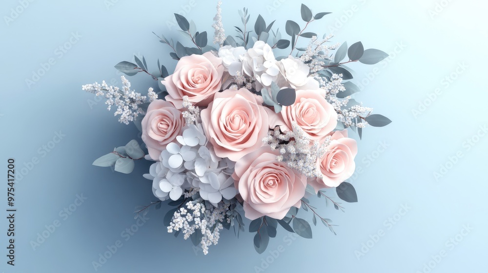 wedding bouquet with sweet color flowers, flat design, top view, 3D render, elegant and arrangement wedding bouquet with sweet color flowers, flat design, top view, 3D render, elegant and arrangement