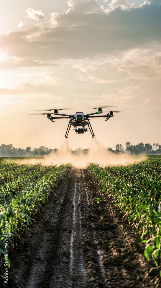 A drone is spreading fertilizer over large agricultural field, showcasing modern farming technology. scene captures essence of innovation in agriculture, with beautiful sunset in background A drone is spreading fertilizer over large agricultural field, showcasing modern farming technology. scene captures essence of innovation in agriculture, with beautiful sunset in background