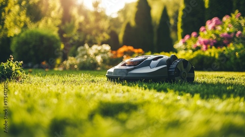 Robotic Lawn Mower Cutting Grass in a Well-Maintained Garden photo