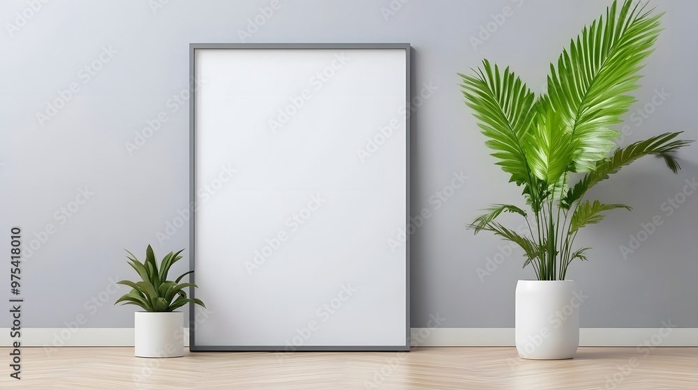 A stylish interior featuring a blank frame and lush plants against a soft gray wall, perfect for modern decor inspiration. A stylish interior featuring a blank frame and lush plants against a soft gray wall, perfect for modern decor inspiration.