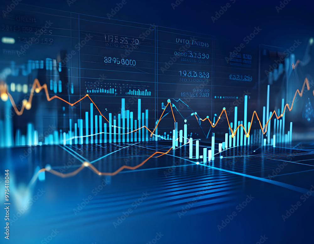 Insight into stock market expansion, business investments, and data analytics, illustrated with digital charts, graphs, and indicators on a blurred dark blue background Insight into stock market expansion, business investments, and data analytics, illustrated with digital charts, graphs, and indicators on a blurred dark blue background