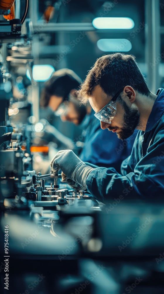 Precision work is being performed by factory workers in modern industrial setting, showcasing focus and skill in well lit environment Precision work is being performed by factory workers in modern industrial setting, showcasing focus and skill in well lit environment