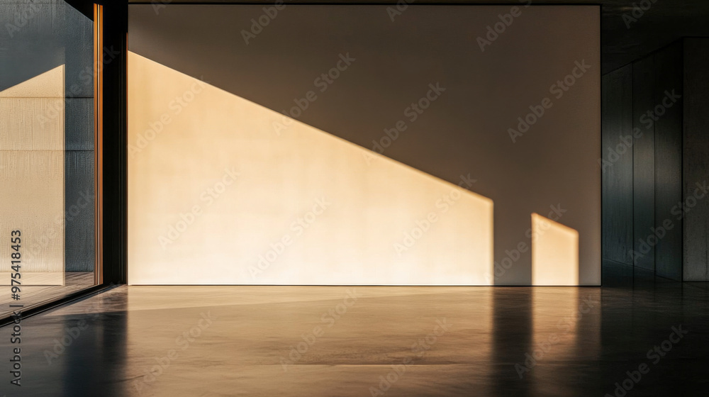 Minimalist empty living room corner in golden tones with a window casting natural lighting and a large shadow in the room. Residential interiors with minimal furniture or decor Minimalist empty living room corner in golden tones with a window casting natural lighting and a large shadow in the room. Residential interiors with minimal furniture or decor
