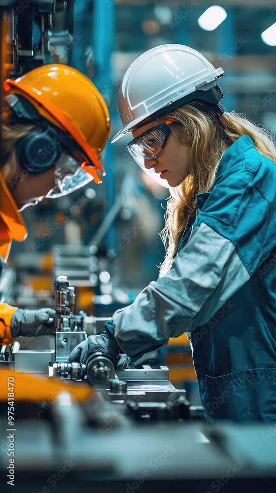 Factory workers wearing safety gear while assembling machinery in modern industrial setting. focus is on teamwork and precision, highlighting importance of safety in manufacturing Factory workers wearing safety gear while assembling machinery in modern industrial setting. focus is on teamwork and precision, highlighting importance of safety in manufacturing