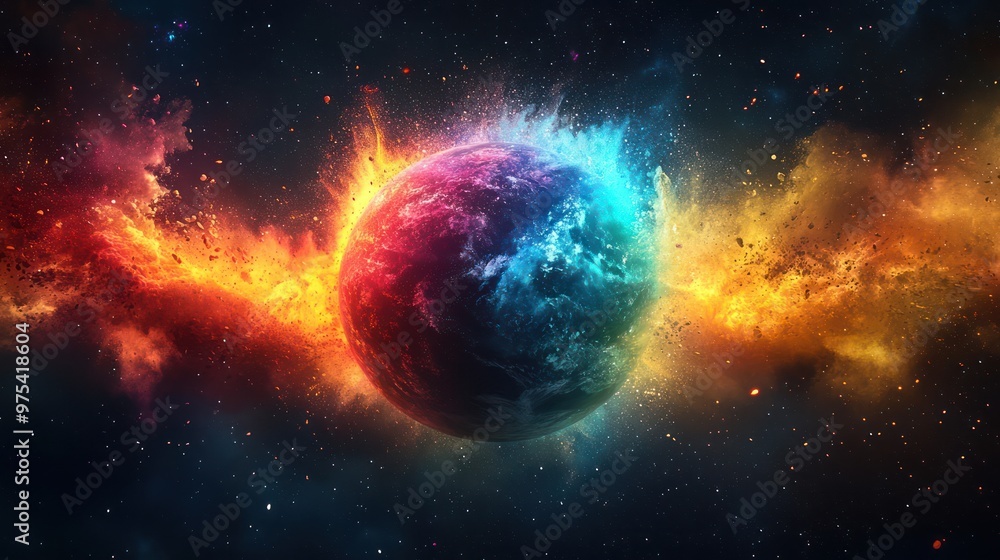 meteorite ball of rainbow dust in space flying over the earth meteorite ball of rainbow dust in space flying over the earth