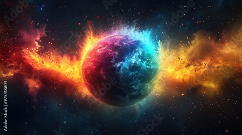 meteorite ball of rainbow dust in space flying over the earth photo