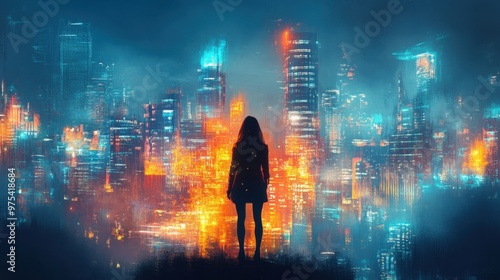 Businesswoman Sketching Futuristic Cityscape with Glowing Buildings and Ideas,Urban Creativity and Future City Concepts in Business